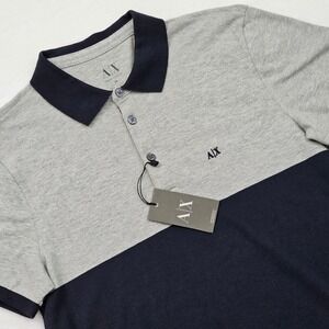 NEW Armani Exchange Polo Shirt Mens M Grey Blue Colorblock Logo Luxury Preppy